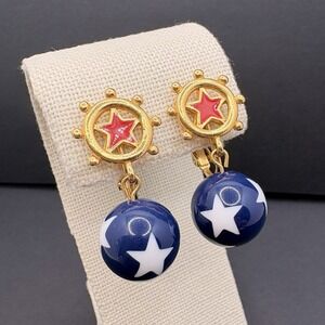 Vintage Avon Star Spangled Nautical Dangle Clip On Earrings Red White Blue 1990s